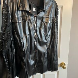 Black Faux Leather Jacket with Lace Sleeves